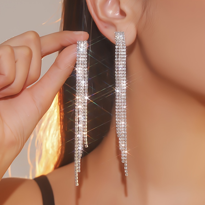 Long Tassel Earrings with Rhinestones Studs